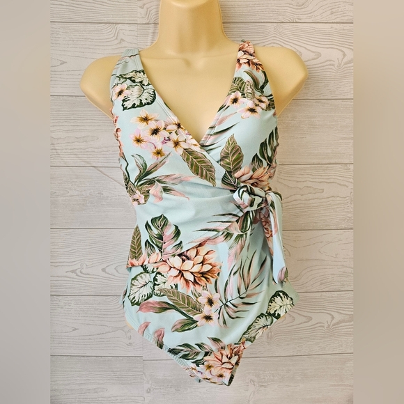 Kona Sol- Women's Blue Tropical Wrap-Front Full Coverage One Piece  Sz S - Picture 3 of 12